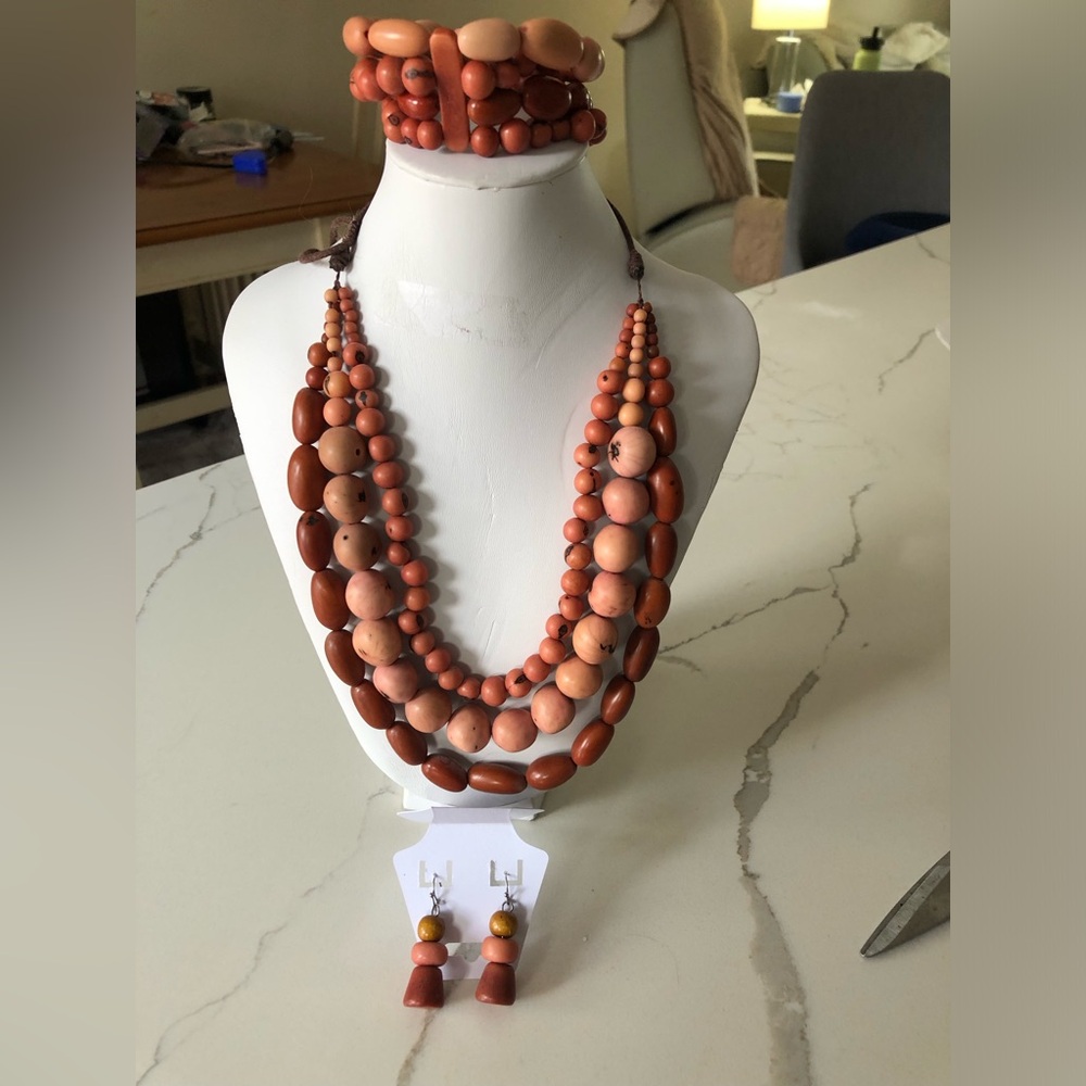 Elegant Multi-Strand Beaded Necklace, bracelet and earring set in tan and coral